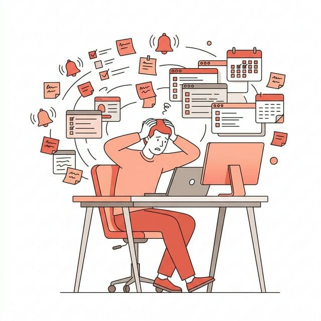 Overwhelmed person with scattered tasks and notifications