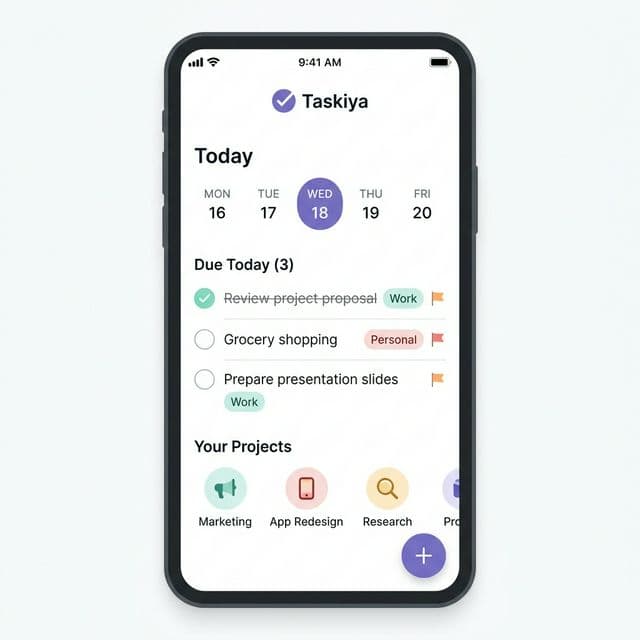 Taskiya app home screen showing today's tasks, due dates, and project quick-access